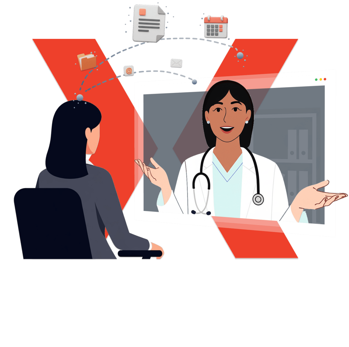 Graphic of a lawyer on a video call with a medical expert over an Xpertly logo